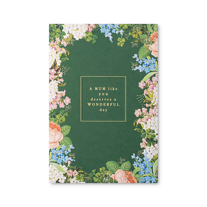 Hallmark Mother's Day Card - A MUM like you deserves a wonderful day with floral border on dark green background, flat lay view.