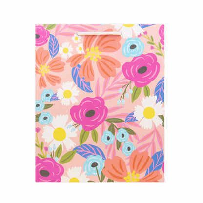 Hallmark Medium Gift Bag - Christie Williams Floral featuring vibrant pink and blue floral design, flat lay view.
