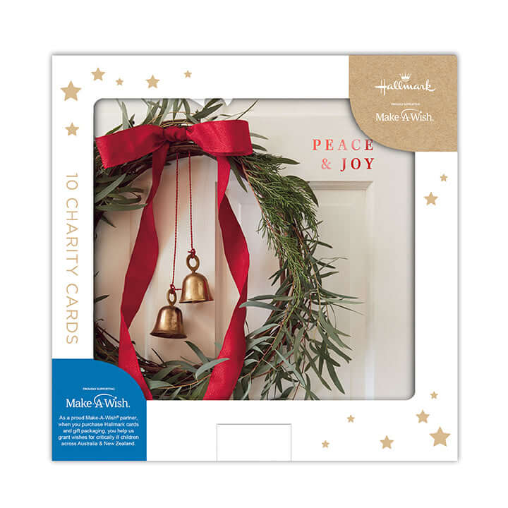 Hallmark Boxed Christmas Cards 10 Pack - Wonderful Time charity card pack featuring a festive wreath with bells and ribbon.