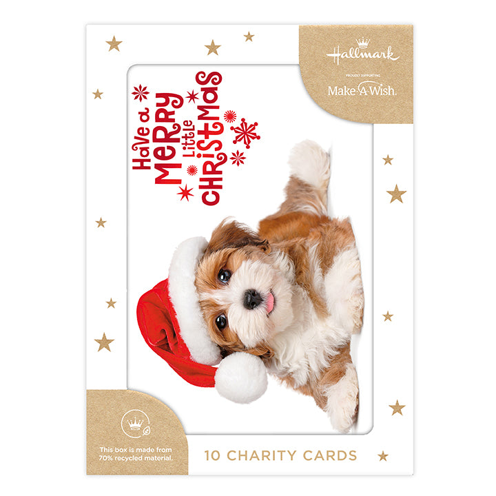 Hallmark Boxed Christmas Cards 10 Pack - Festive Puppy with adorable puppy in a Santa hat on a white background featuring festive text.