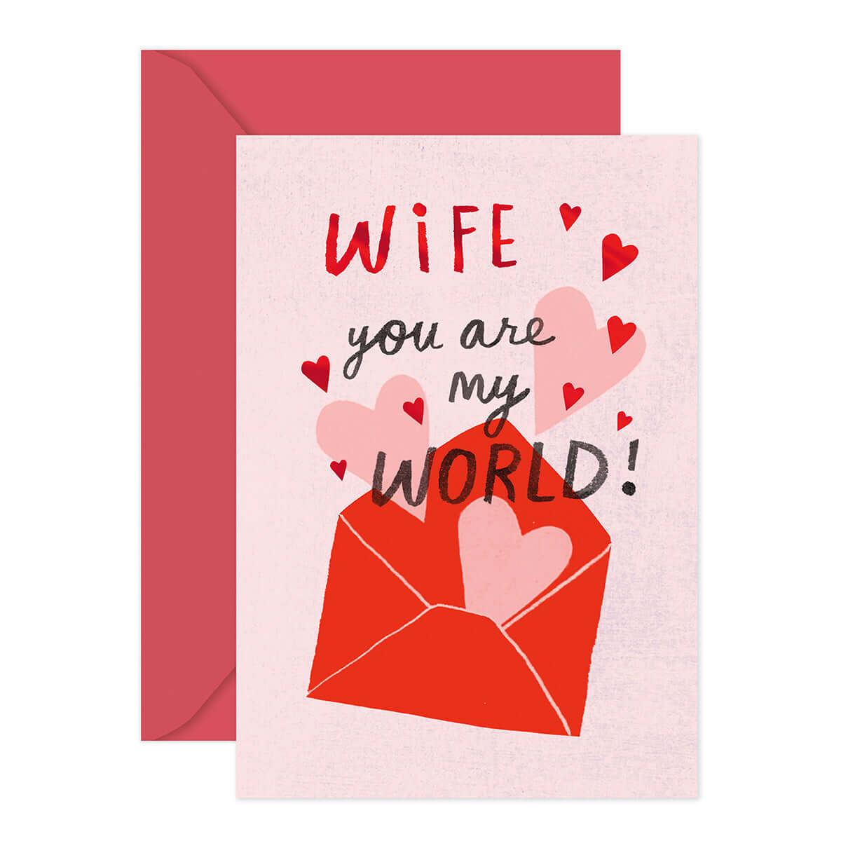 Hallmark Valentine's Day card for wife - My World, featuring a pink background with a red envelope illustration and love hearts.