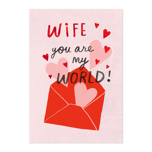 Hallmark Valentine's Day Card For Wife - My World with red foil envelope and love hearts illustration on a pink background
