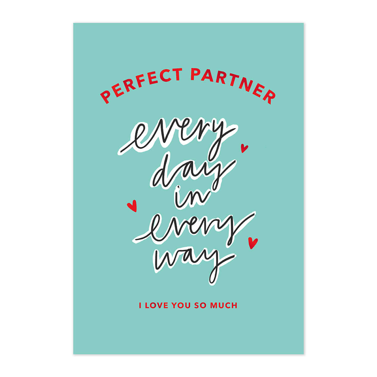 Hallmark Valentine's Day Card - Perfect Partner, illustrated design, turquoise background with red foil highlights and love hearts.