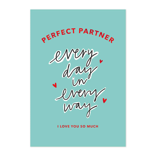 Hallmark Valentine's Day Card - Perfect Partner, illustrated design, turquoise background with red foil highlights and love hearts.