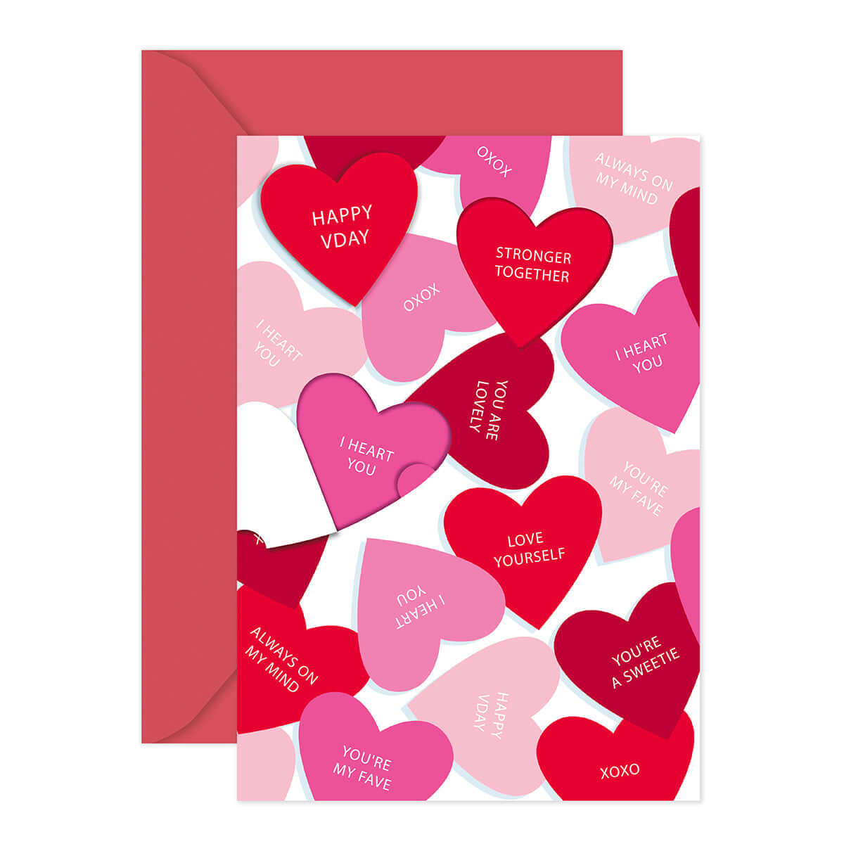 Hallmark Valentine's Day Card - Stronger Together featuring colourful hearts and sweet messages, with a red envelope.