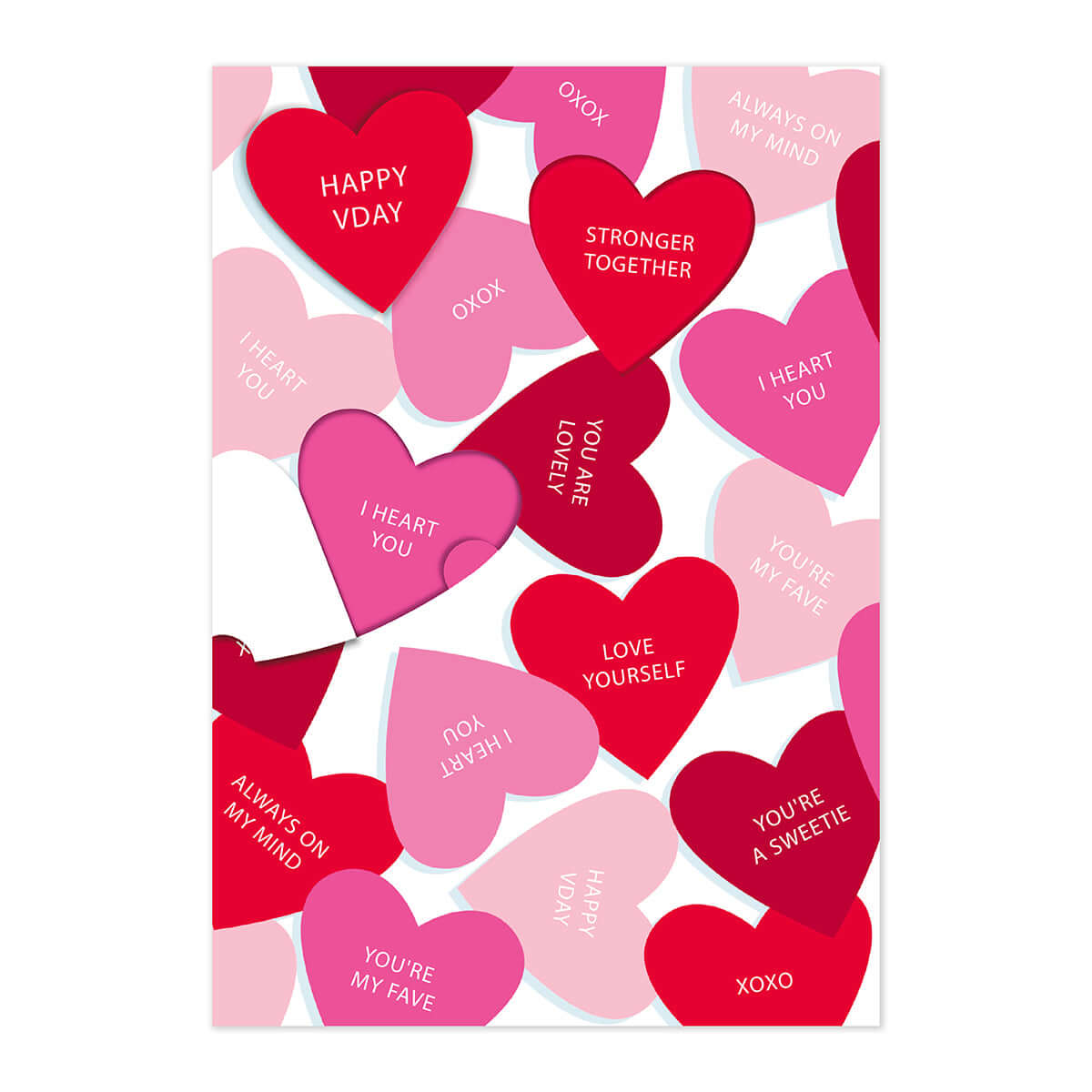 Hallmark Valentine's Day Card - Stronger Together, colourful card design featuring red and pink hearts with hidden messages, flat lay view.