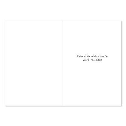 A blank white greeting card shown open, with small centered black text on the right side reading, 'Enjoy all the celebrations for your 21st birthday!'.