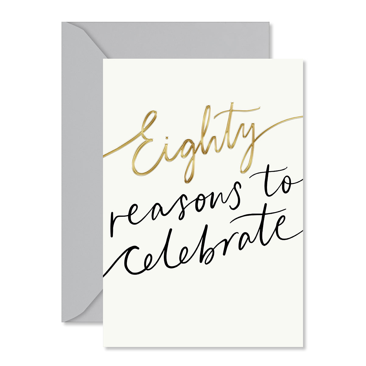 Hallmark 80th birthday card - Reasons To Celebrate featuring embossed details and gold foil on the front with a grey envelope.