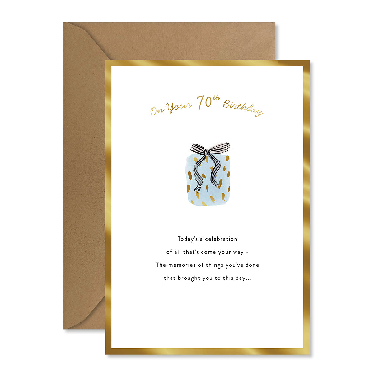 Hallmark 70th Birthday Card - Special Day featuring gold foil highlights, patterned gift illustration, and celebratory message.