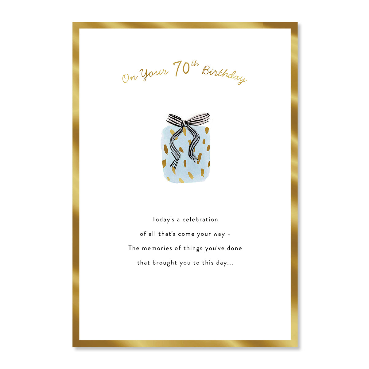Hallmark 70th Birthday Card - Special Day features gold foil highlights, patterned gift illustration, and heartfelt message, flat lay view.