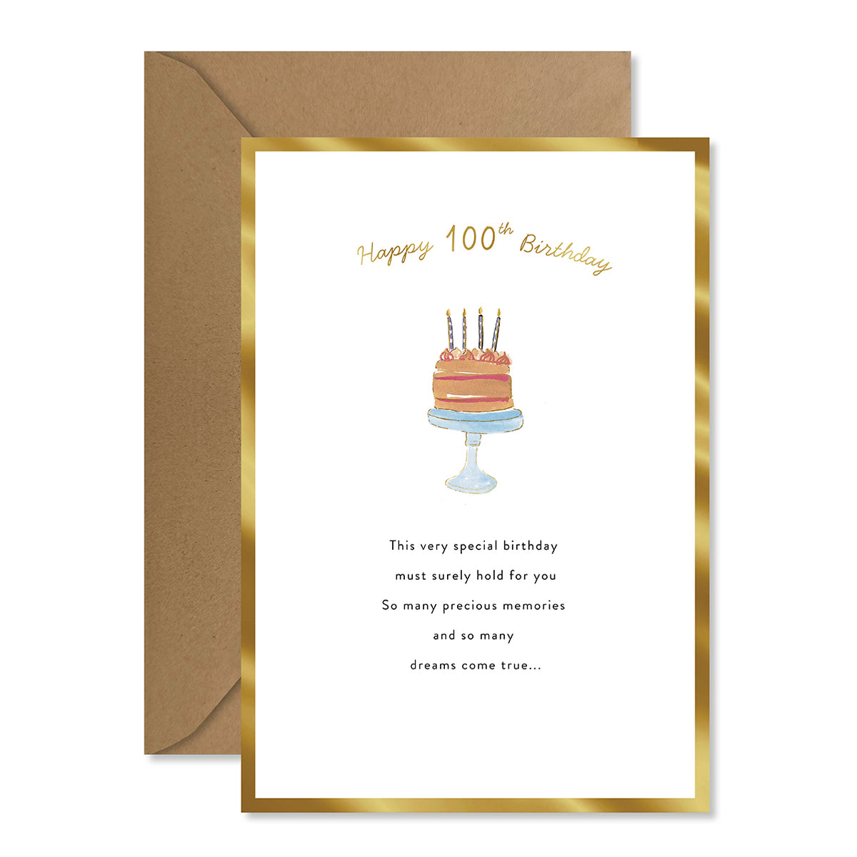 A 100th birthday greeting card with a gold foil border, featuring a watercolor cake illustration and a brown kraft envelope behind it on a white background.
