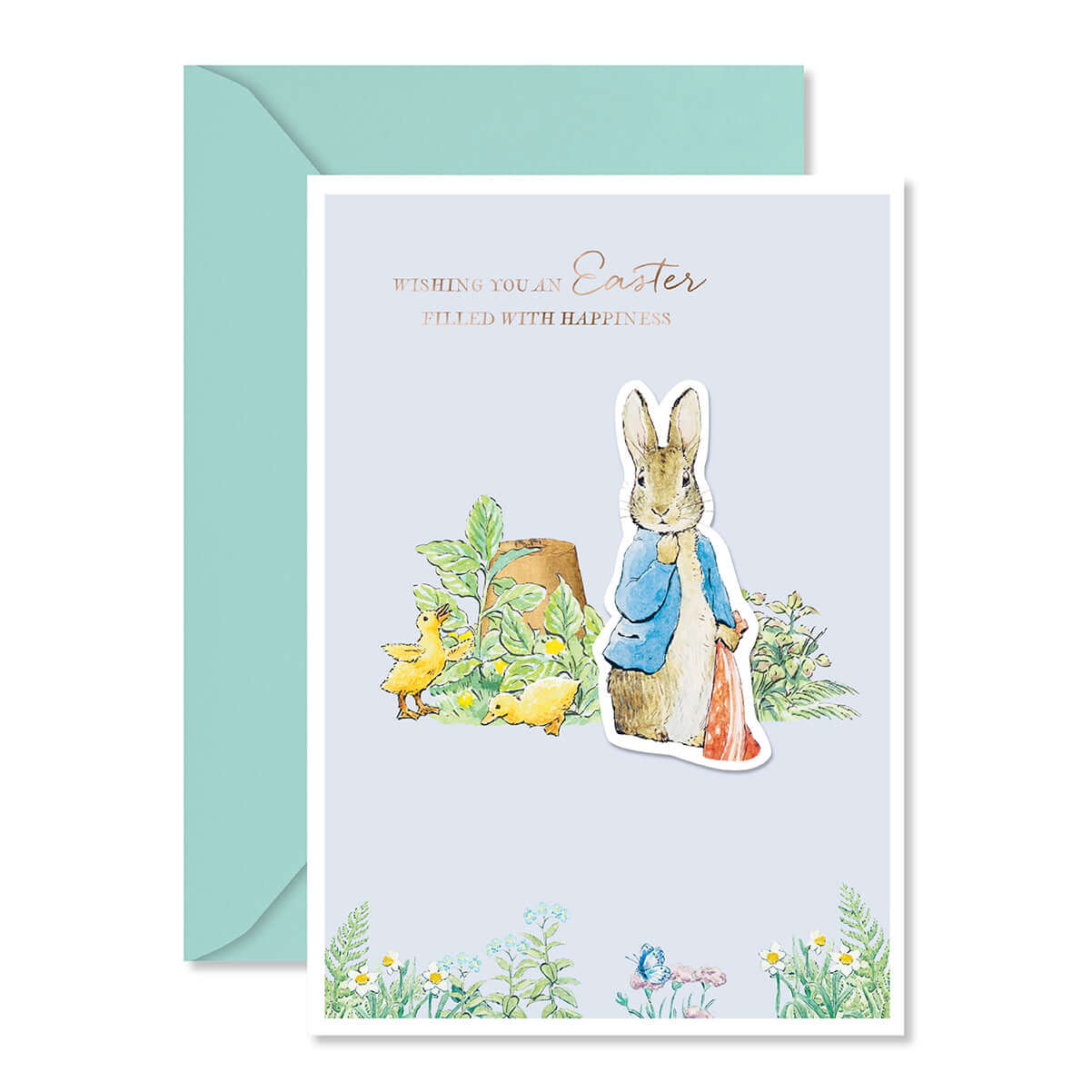 Easter greeting card with illustration of a rabbit and ducks, featuring a green envelope.