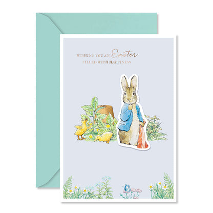 Easter greeting card with illustration of a rabbit and ducks, featuring a green envelope.