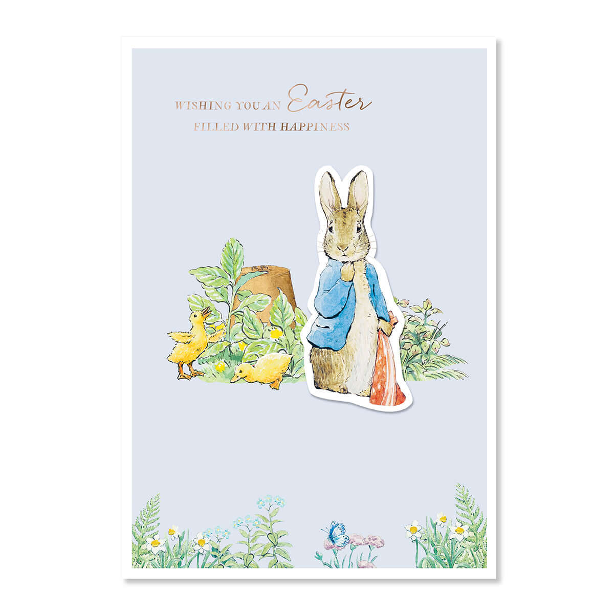 Easter card with a rabbit and chicks on a light blue background