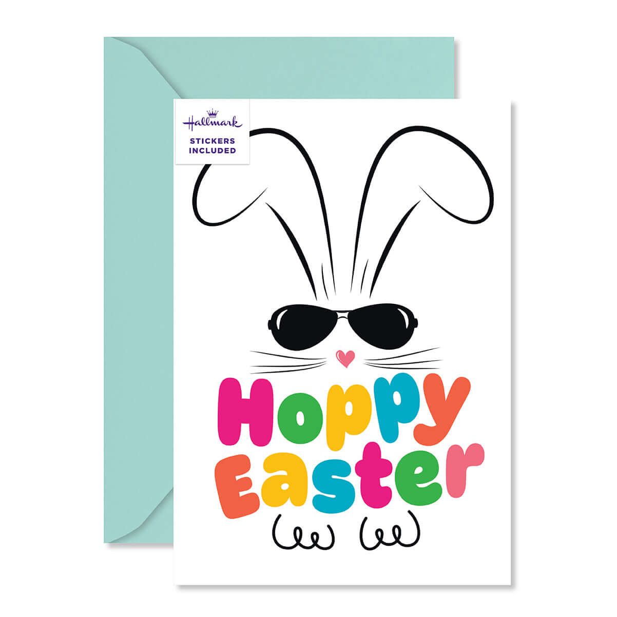 Easter card with bunny wearing sunglasses and 'Happy Easter' text, featuring a teal envelope.
