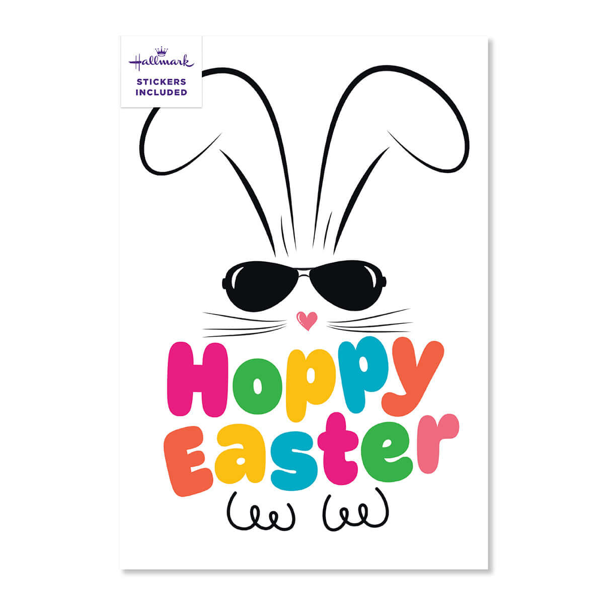 Easter card with a bunny wearing sunglasses and 'Happy Easter' text on a white background.