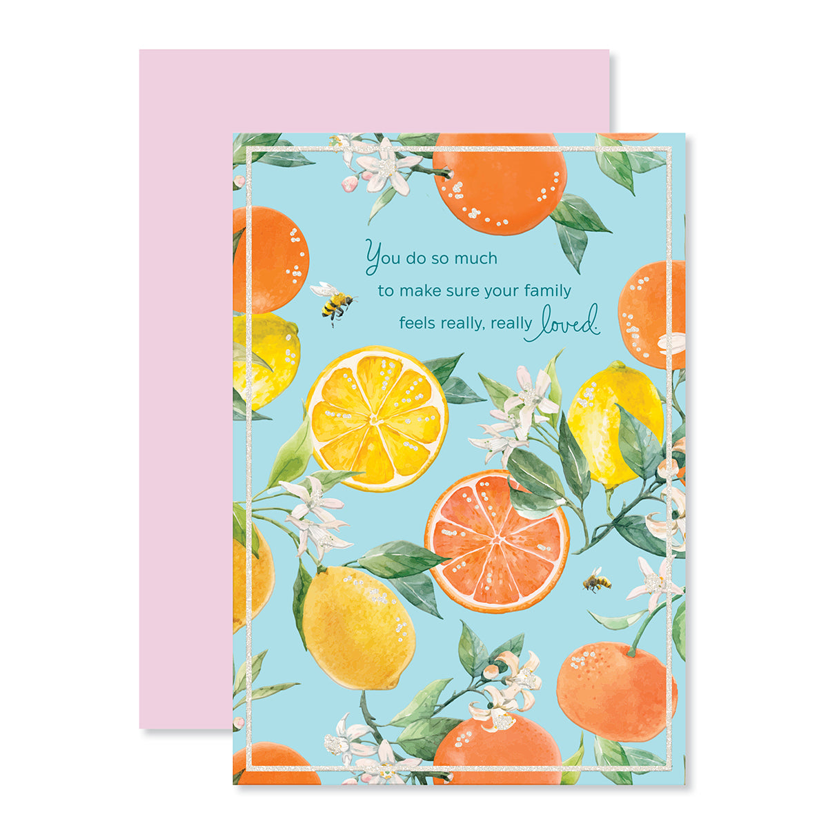Hallmark Mother's Day Card - Really, Really Loved, vibrant design featuring colourful oranges and lemons, flat lay with pink envelope