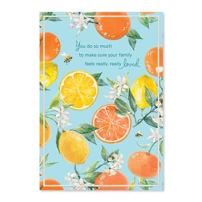 Hallmark Mother's Day Card - Really, Really Loved, vibrant card with illustrations of oranges, lemons, and bees on a blue background.