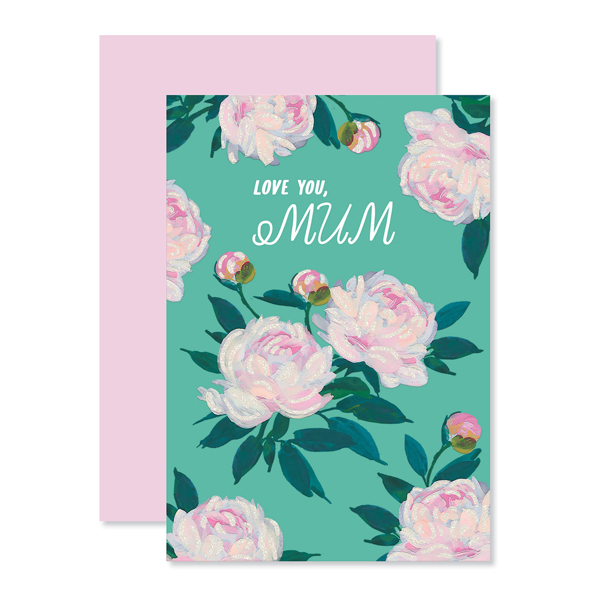 Hallmark Mother's Day Card - Wise & Wonderful with floral design and pink peonies on a teal background, flat lay with pink envelope.