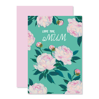 Hallmark Mother's Day Card - Wise & Wonderful with floral design and pink peonies on a teal background, flat lay with pink envelope.