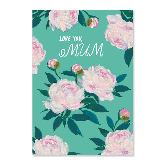 Hallmark Mother's Day Card - Wise & Wonderful featuring pink peonies on a teal background, with the message 'LOVE YOU, MUM'.