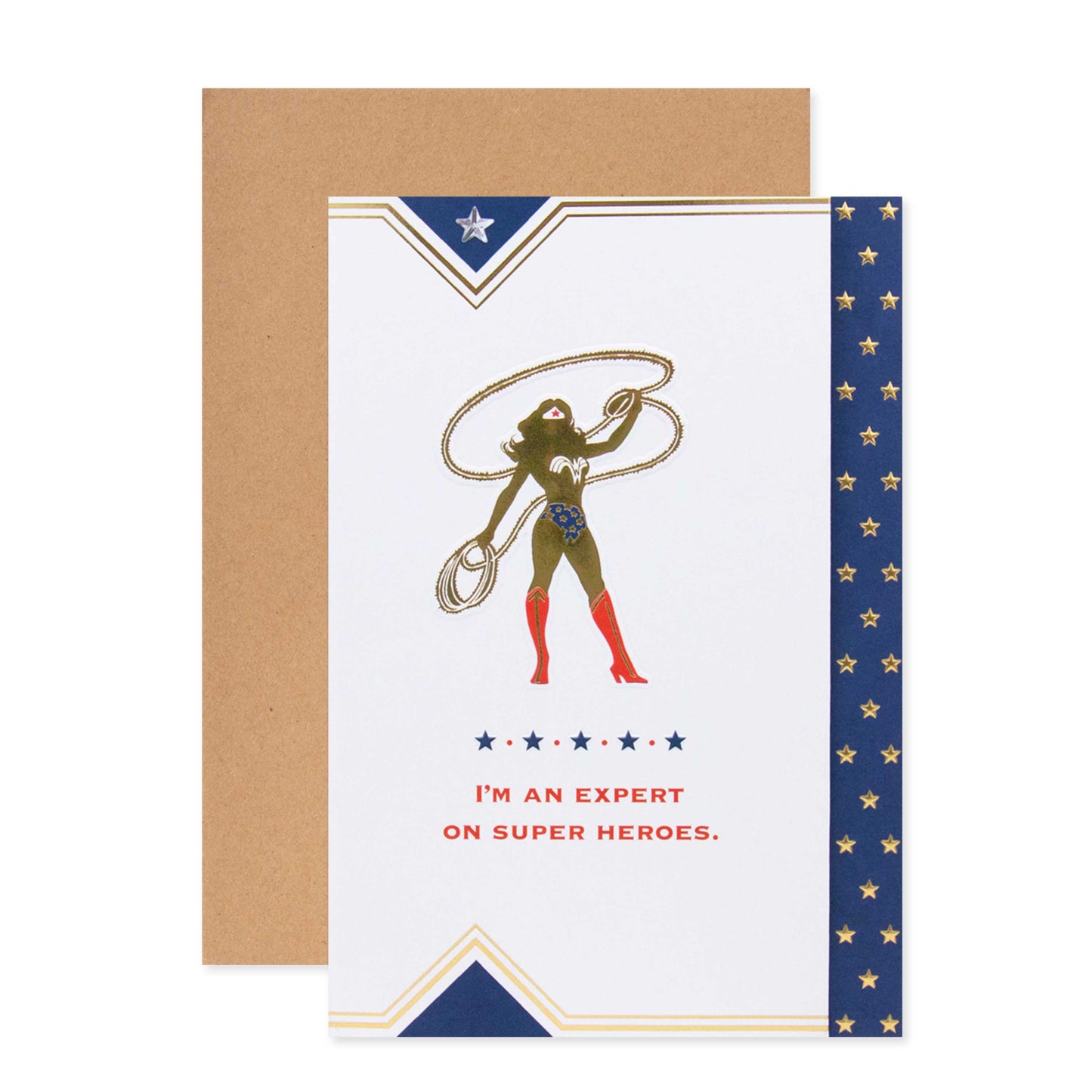 Hallmark DC Comics Wonder Woman Mother's Day card with gold foil accents and silhouette illustration, folded view.
