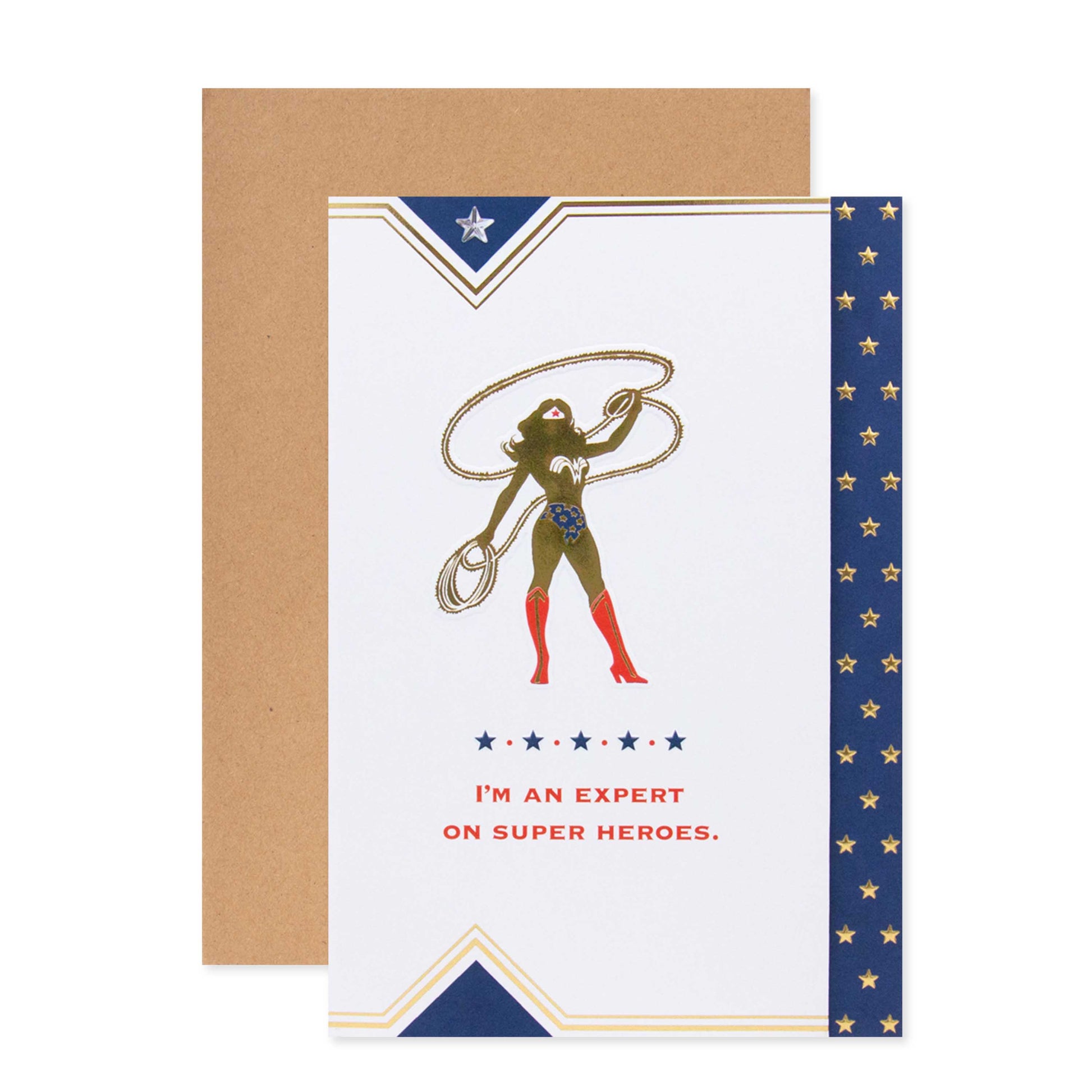 Hallmark DC Comics Wonder Woman Mother's Day card with gold foil accents and silhouette illustration, folded view.