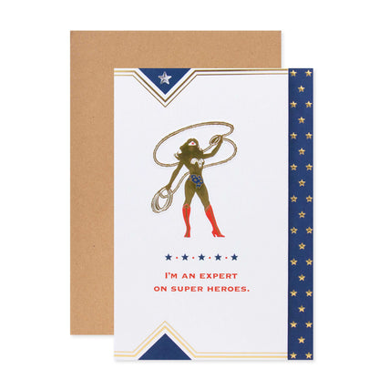 Hallmark DC Comics Wonder Woman Mother's Day card with gold foil accents and silhouette illustration, folded view.