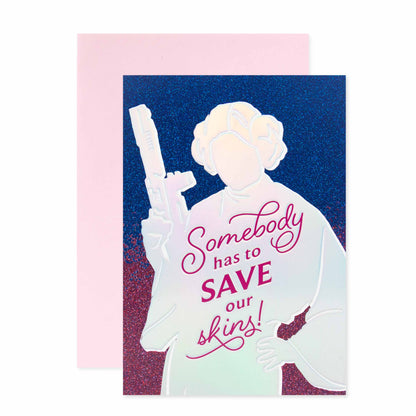 Hallmark Star Wars Mother's Day Card - Princess Leia with glitter background, featuring silver highlights and pink envelope, flat lay view.