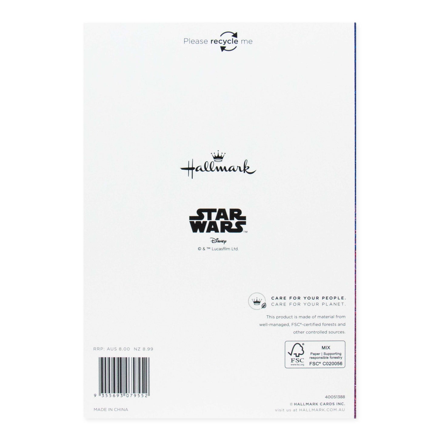 Hallmark Star Wars Mother's Day Card - Princess Leia back view featuring recycling notice and logo details.
