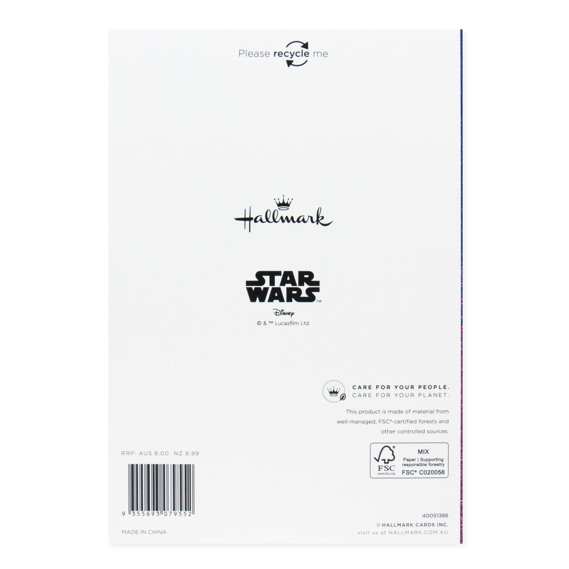Hallmark Star Wars Mother's Day Card - Princess Leia back view featuring recycling notice and logo details.