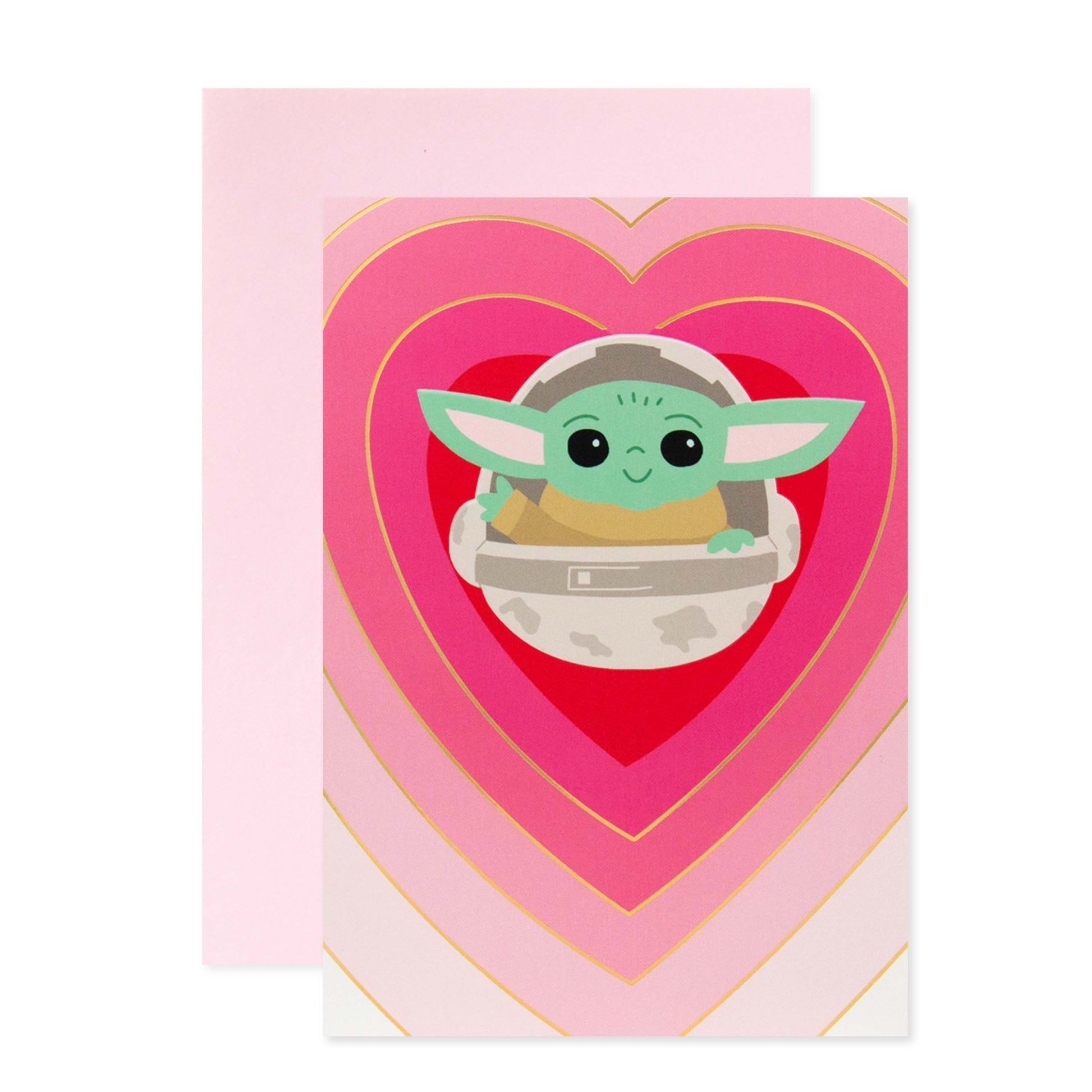 Hallmark Star Wars The Mandalorian Mother's Day Card For Wife - Grogu, featuring Grogu illustration in a heart design, flat lay view.