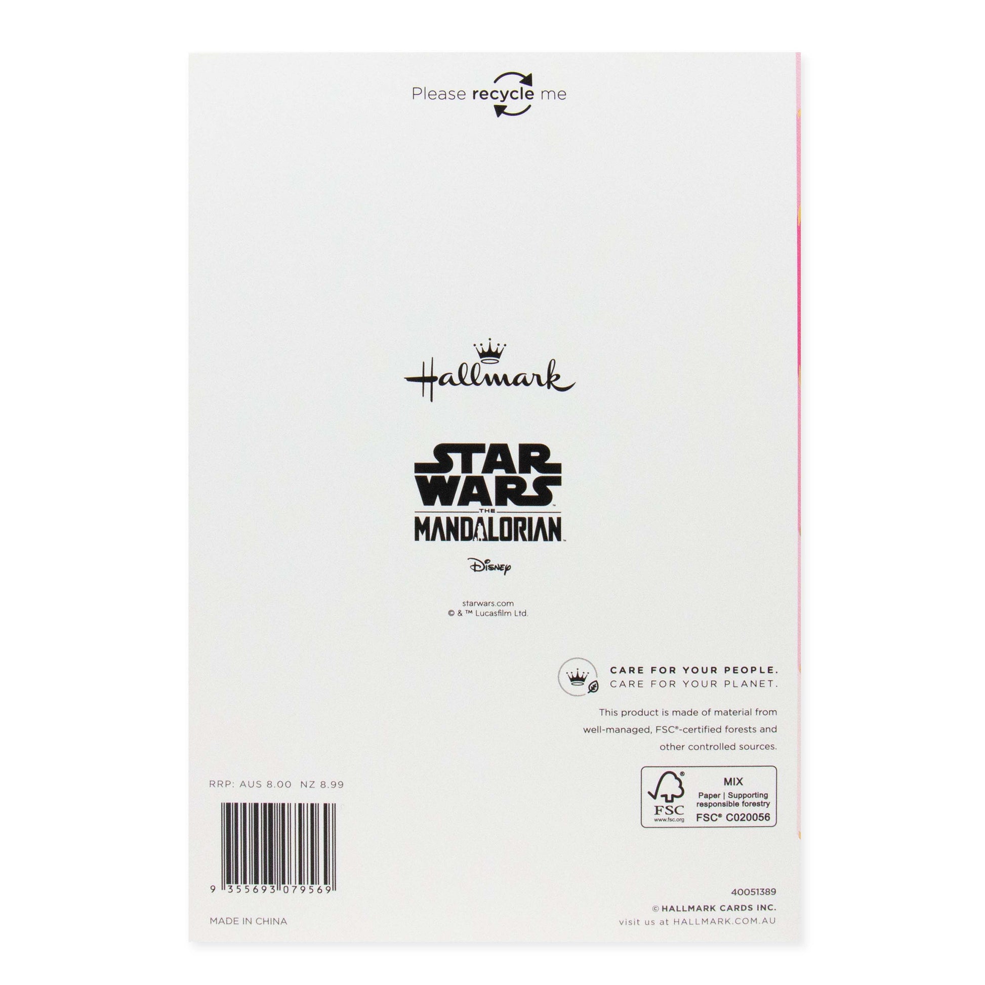 Hallmark Star Wars The Mandalorian Mother's Day Card For Wife - Grogu, back design featuring logo, recycling note, and care instructions.