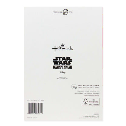 Hallmark Star Wars The Mandalorian Mother's Day Card For Wife - Grogu, back design featuring logo, recycling note, and care instructions.