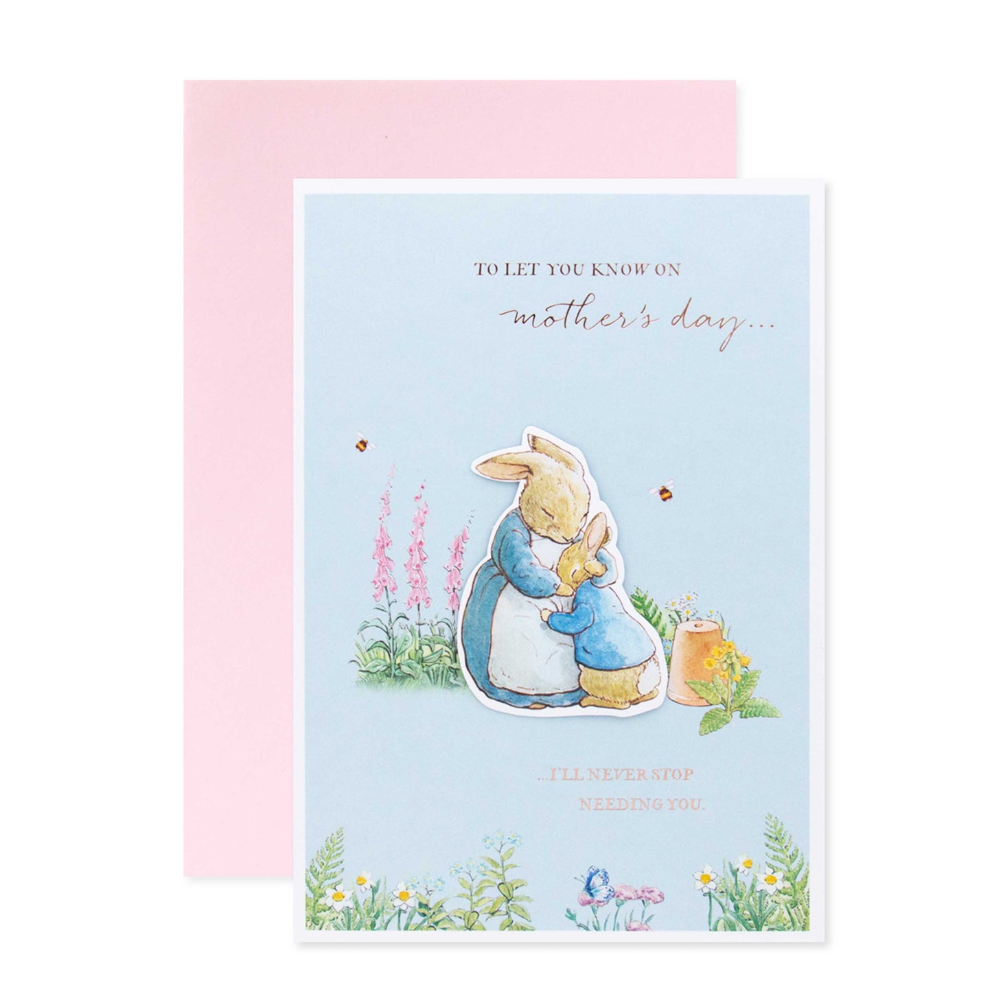 Hallmark Peter Rabbit Mother's Day Card - More Love Than Ever with rose gold accents, featuring Peter Rabbit hugging in a garden setting.