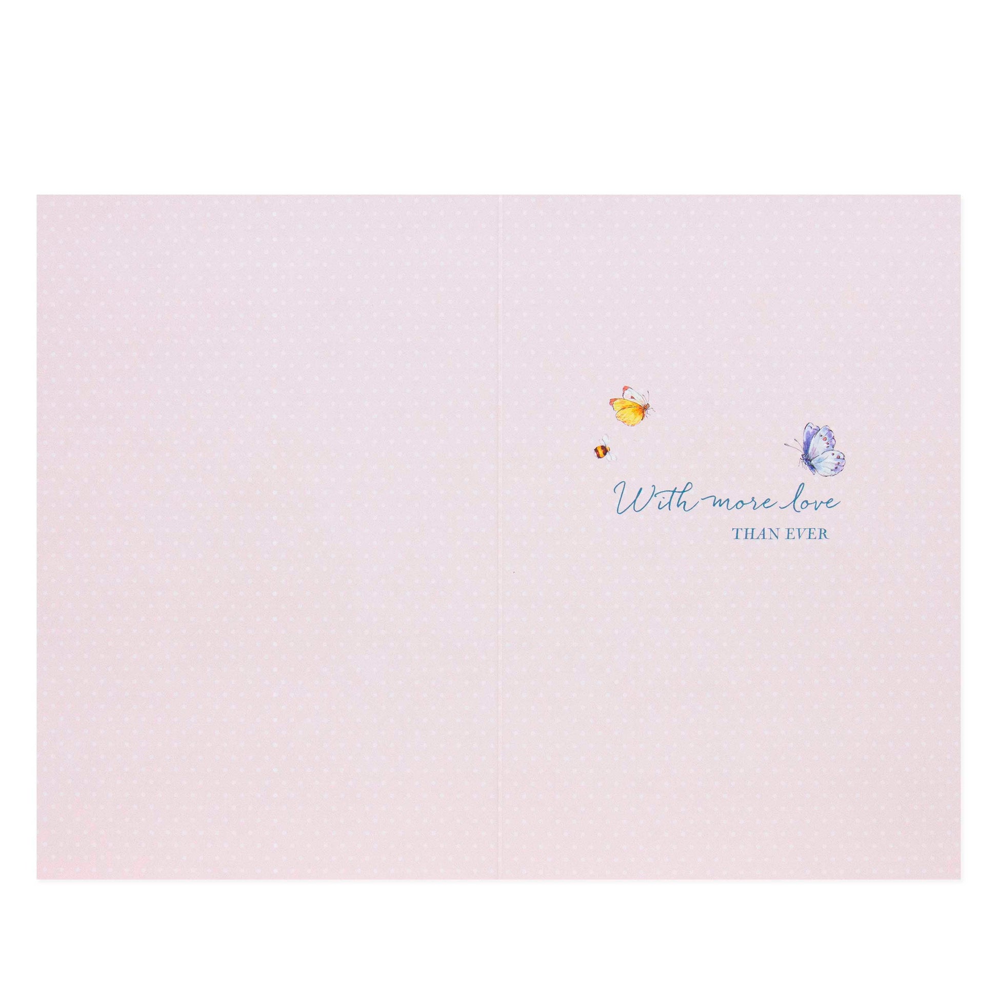 Hallmark Peter Rabbit Mother's Day Card - More Love Than Ever inner view with floral design and handwritten message in pastel colours.