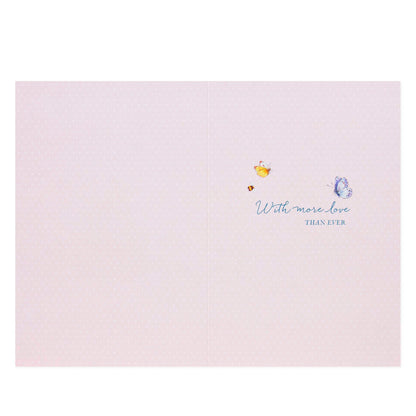 Hallmark Peter Rabbit Mother's Day Card - More Love Than Ever inner view with floral design and handwritten message in pastel colours.