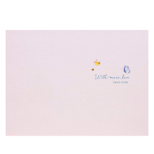 Hallmark Peter Rabbit Mother's Day Card - More Love Than Ever inner view with floral design and handwritten message in pastel colours.