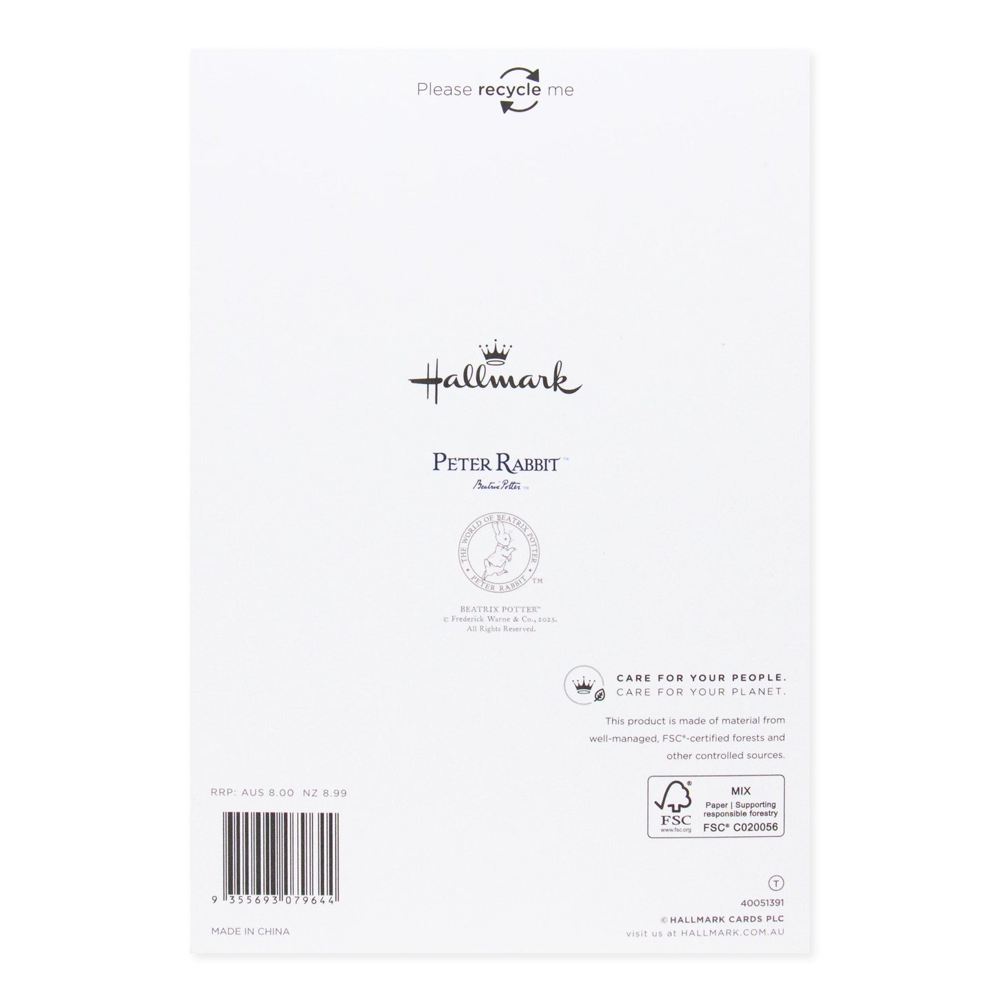 Hallmark Peter Rabbit Mother's Day Card - More Love Than Ever back view showing recycle message and certification details, flat lay