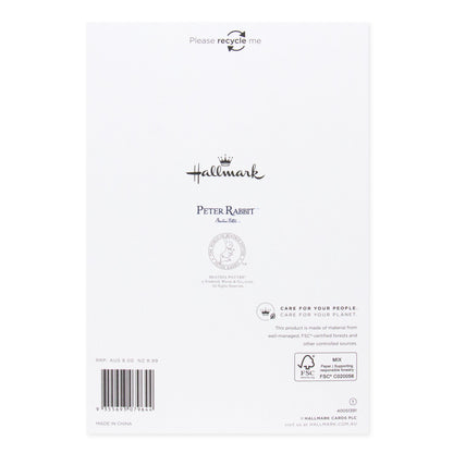 Hallmark Peter Rabbit Mother's Day Card - More Love Than Ever back view showing recycle message and certification details, flat lay