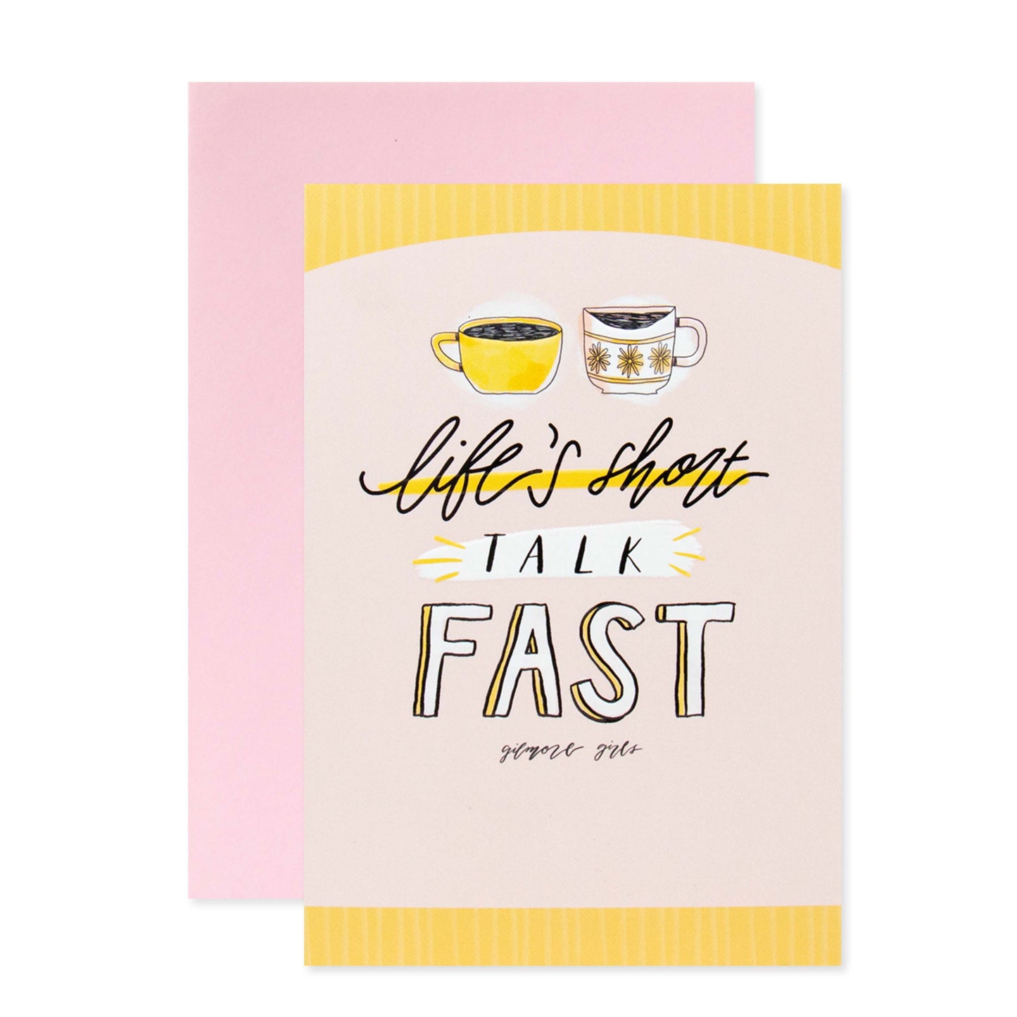 Hallmark Gilmore Girls Mother's Day Card - Life's Short Talk Fast featuring embossed coffee cups and a pastel pink envelope, flat lay view.