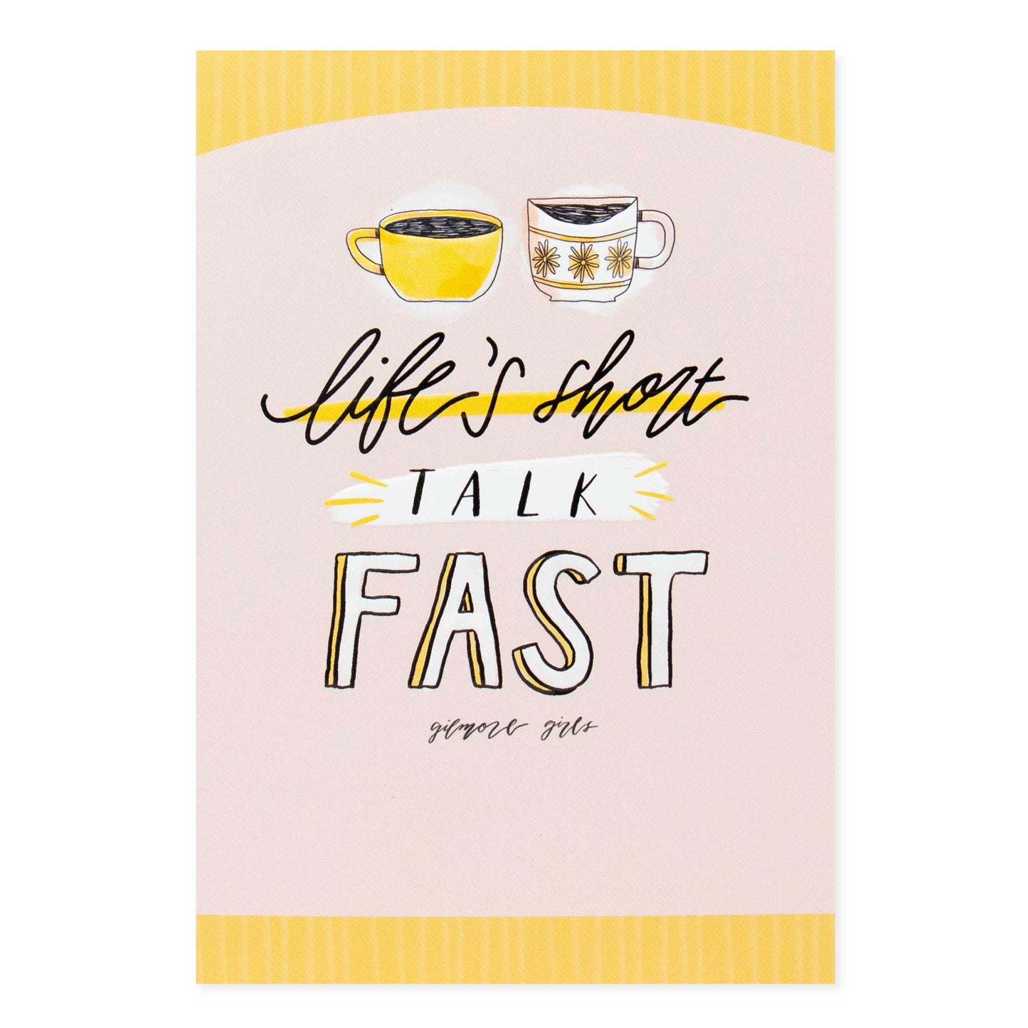 Hallmark Gilmore Girls Mother's Day Card - Life's Short Talk Fast featuring two coffee cups and embossed text on a pastel background.