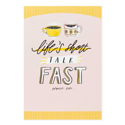 Hallmark Gilmore Girls Mother's Day Card - Life's Short Talk Fast featuring two coffee cups and embossed text on a pastel background.