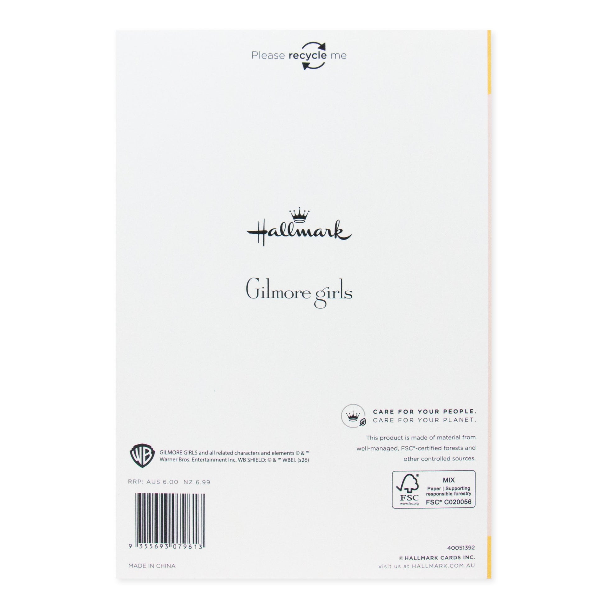 Hallmark Gilmore Girls Mother's Day Card - Life's Short Talk Fast showing the back design with recycling instructions and brand logo.