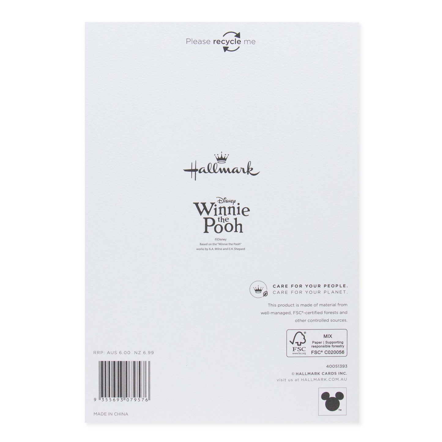 Hallmark Disney Winnie the Pooh Mother's Day Card - Someone Special back view with recycling instructions and brand logos.