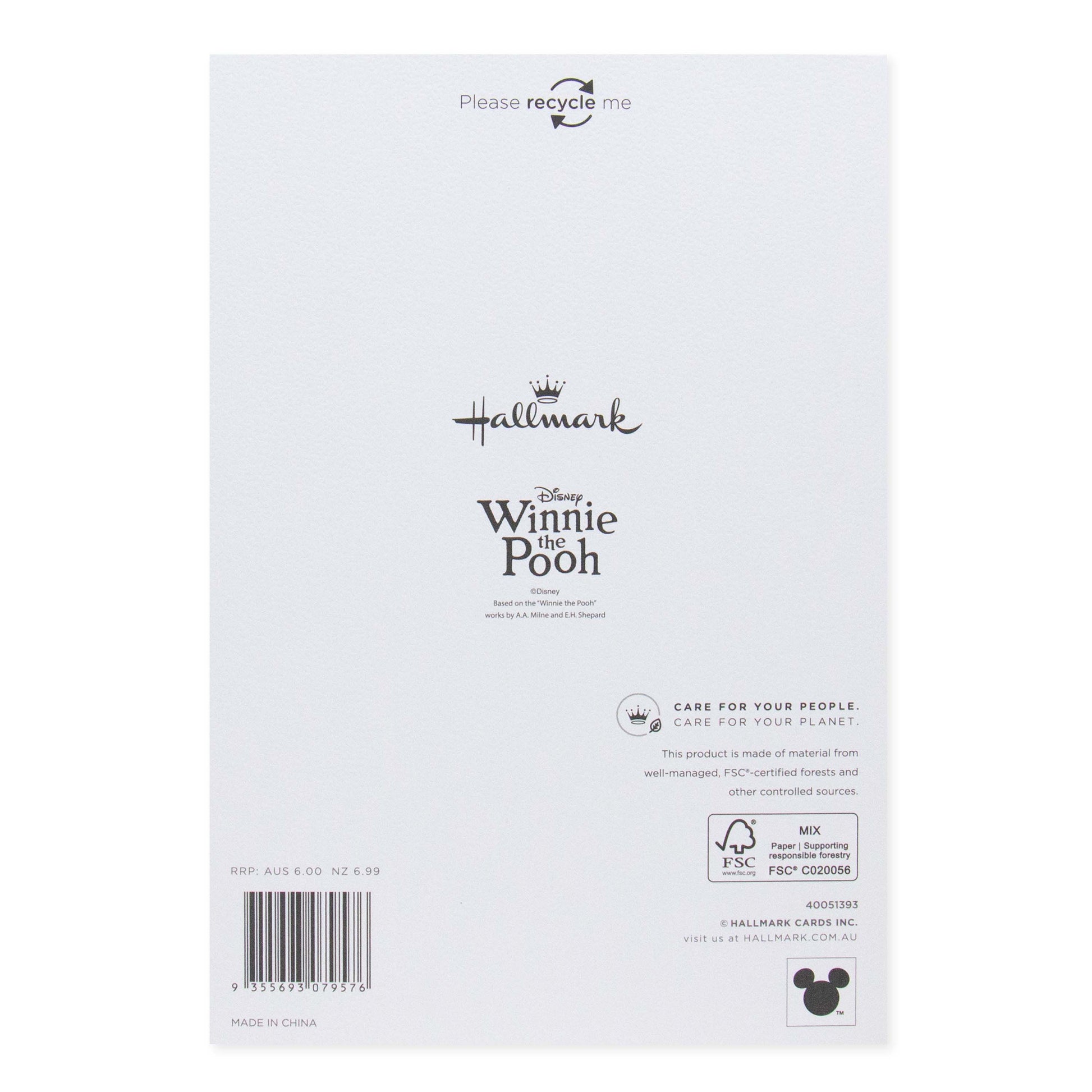 Hallmark Disney Winnie the Pooh Mother's Day Card - Someone Special back view with recycling instructions and brand logos.