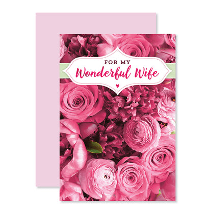 Hallmark Mother's Day Card For Wife - So Lucky featuring pink rose designs and a heartfelt message on a floral background.