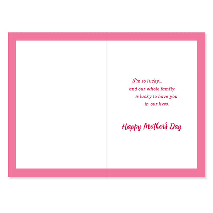 Hallmark Mother's Day card for wife - So Lucky, inside view, features heartfelt message and pink border design.