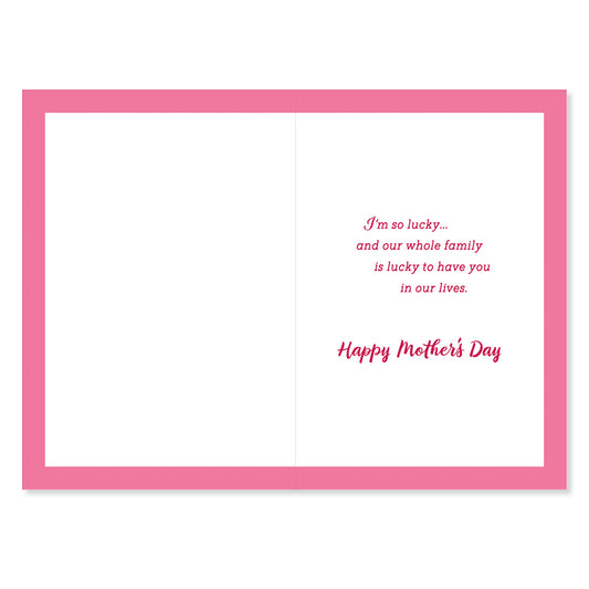 Hallmark Mother's Day card for wife - So Lucky, inside view, features heartfelt message and pink border design.