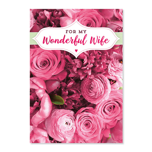 Hallmark Mother's Day Card For Wife - So Lucky featuring pink roses and the message 'For my Wonderful Wife' on a floral background.